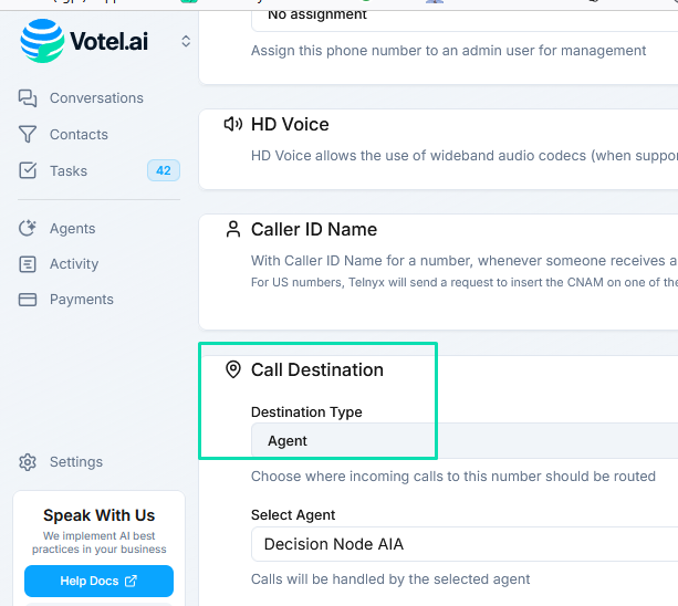 Call Destination Options-AI Agent